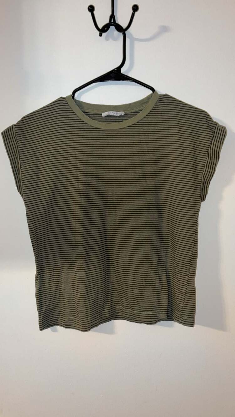 Zara Trafaluc Olive Green Striped Cuffed Sleeve T-Shirt Size S